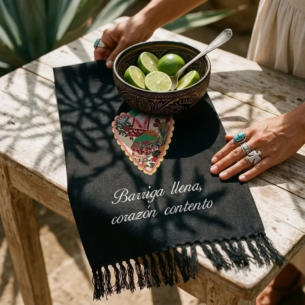 Mexican decorative towel Barriga llena corazon contento 38 x 18 inches